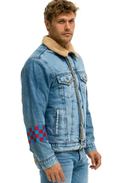 Denim | Denim | Aviator Nation STOKED BOLT SMILEY RANCH SHERPA DENIM JACKET- SUPER LIGHT 32%organiccotton-2%lycra-HandmadeinLAwithimportedmaterials-MalemodelwearingsizeL.FemalemodelwearingsizeXS.
