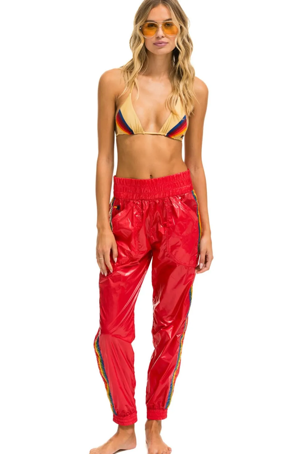 Sweatpants | Aviator Nation 5 STRIPE HI RISE WIND PANT - CHERRY