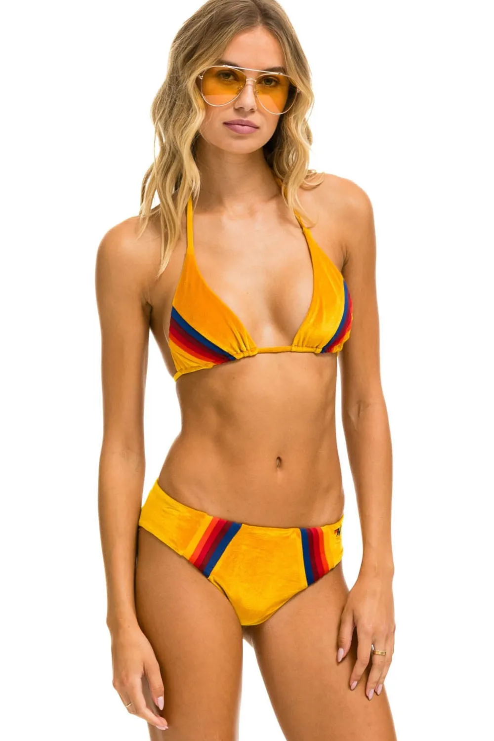 Swim Bottoms | Aviator Nation 5 STRIPE VELVET SCRUNCH BIKINI BOTTOM - GOLD