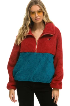 Teddy Jackets | Teddy Jackets | Aviator Nation TEDDY APRES HALF ZIP COLOR BLOCK JACKET - CHERRY