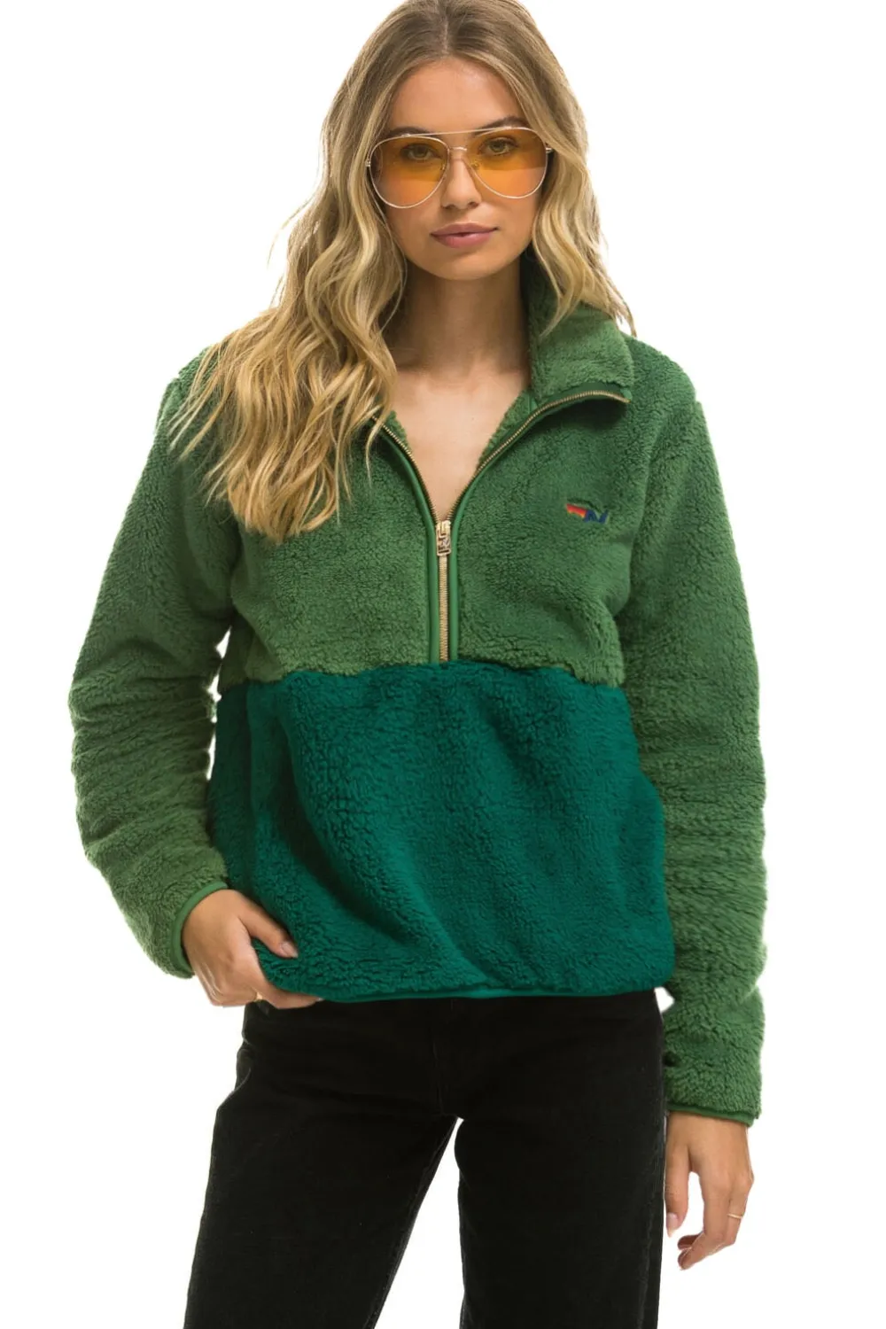 Teddy Jackets | Teddy Jackets | Aviator Nation TEDDY APRES HALF ZIP COLOR BLOCK JACKET - GARDEN GREEN GARDENGREEN
