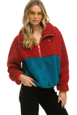 Teddy Jackets | Teddy Jackets | Aviator Nation TEDDY APRES HALF ZIP COLOR BLOCK JACKET - CHERRY