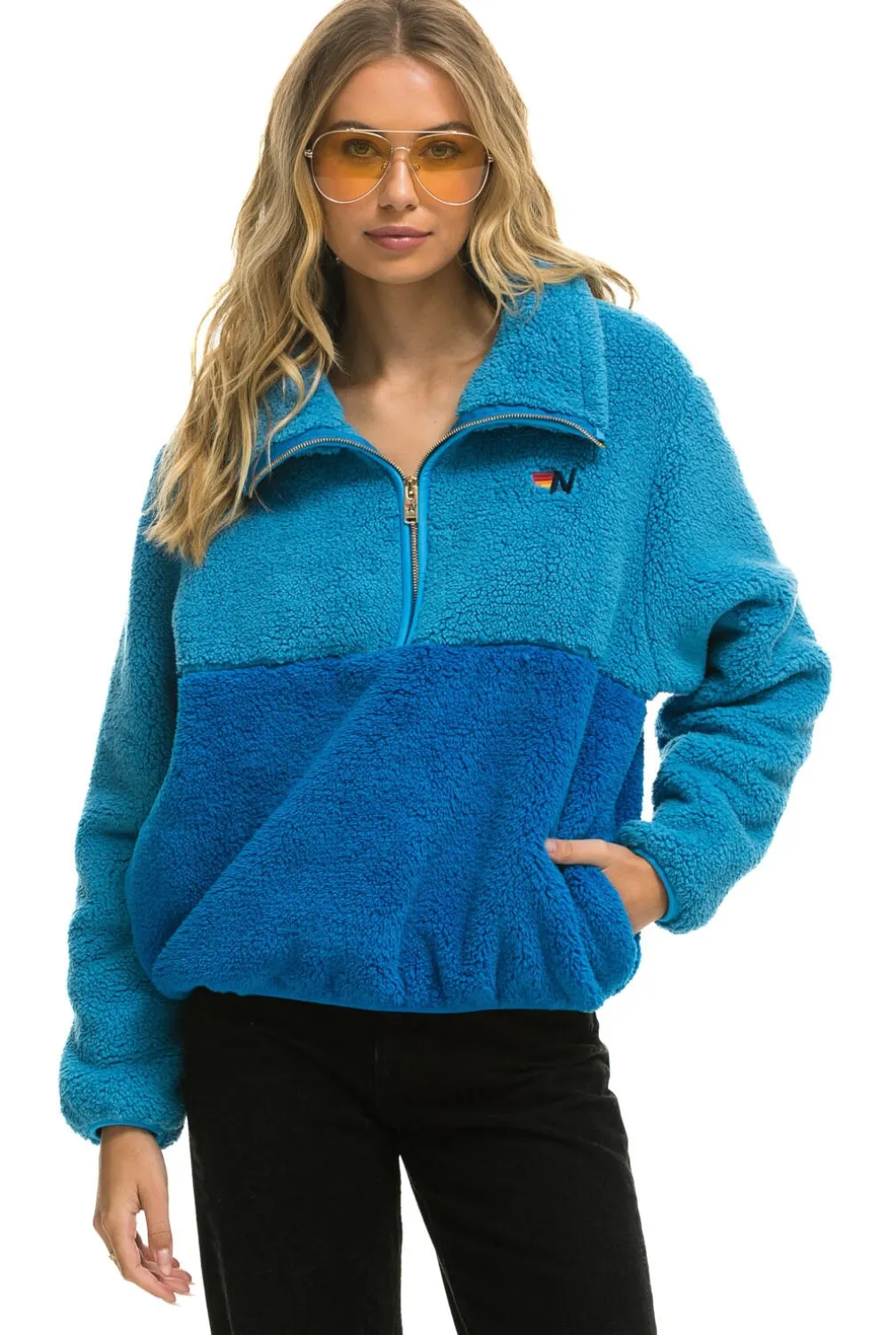 Teddy Jackets | Teddy Jackets | Aviator Nation TEDDY APRES HALF ZIP COLOR BLOCK JACKET - OCEAN