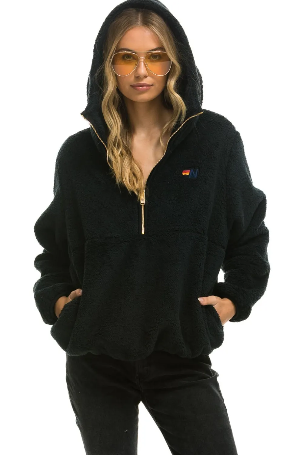 Teddy Jackets | Teddy Jackets | Aviator Nation TEDDY APRES HOODED HALF ZIP JACKET - BLACK