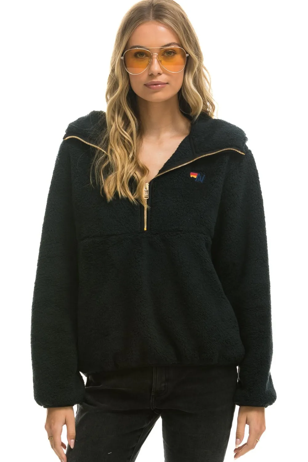 Teddy Jackets | Teddy Jackets | Aviator Nation TEDDY APRES HOODED HALF ZIP JACKET - BLACK