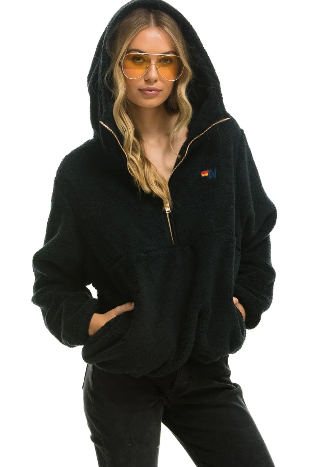 Teddy Jackets | Teddy Jackets | Aviator Nation TEDDY APRES HOODED HALF ZIP JACKET - BLACK