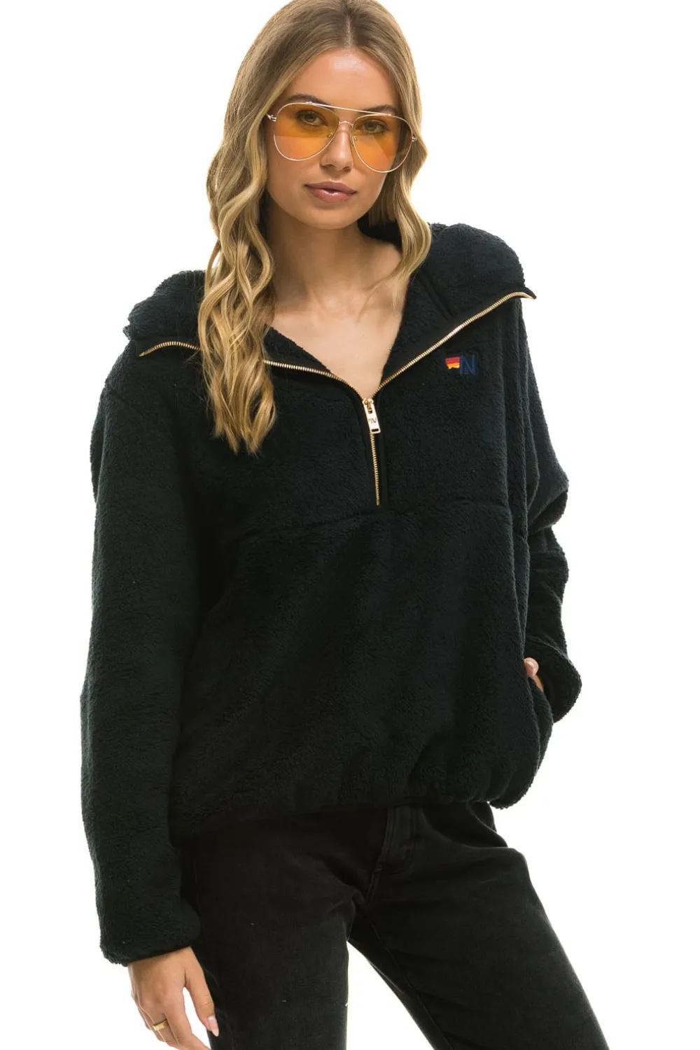 Teddy Jackets | Teddy Jackets | Aviator Nation TEDDY APRES HOODED HALF ZIP JACKET - BLACK