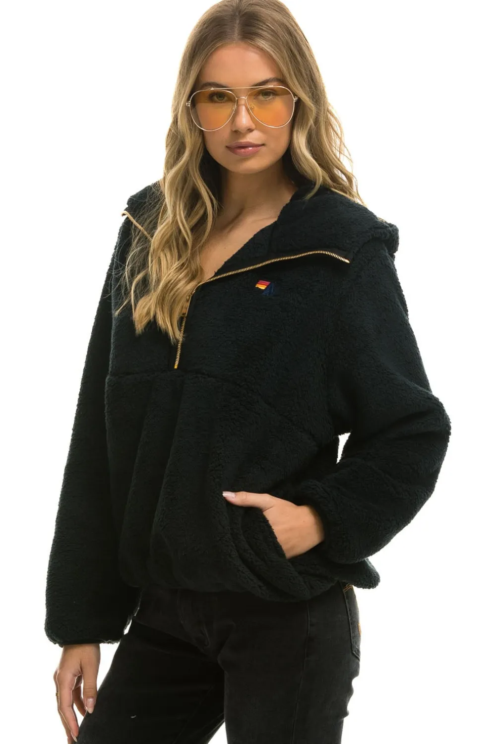 Teddy Jackets | Teddy Jackets | Aviator Nation TEDDY APRES HOODED HALF ZIP JACKET - BLACK