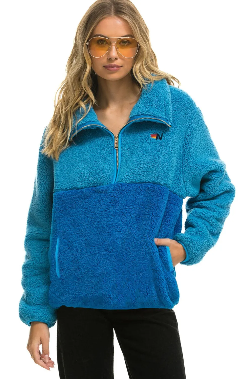 Teddy Jackets | Teddy Jackets | Aviator Nation TEDDY UNISEX HALF ZIP COLOR BLOCK JACKET - OCEAN
