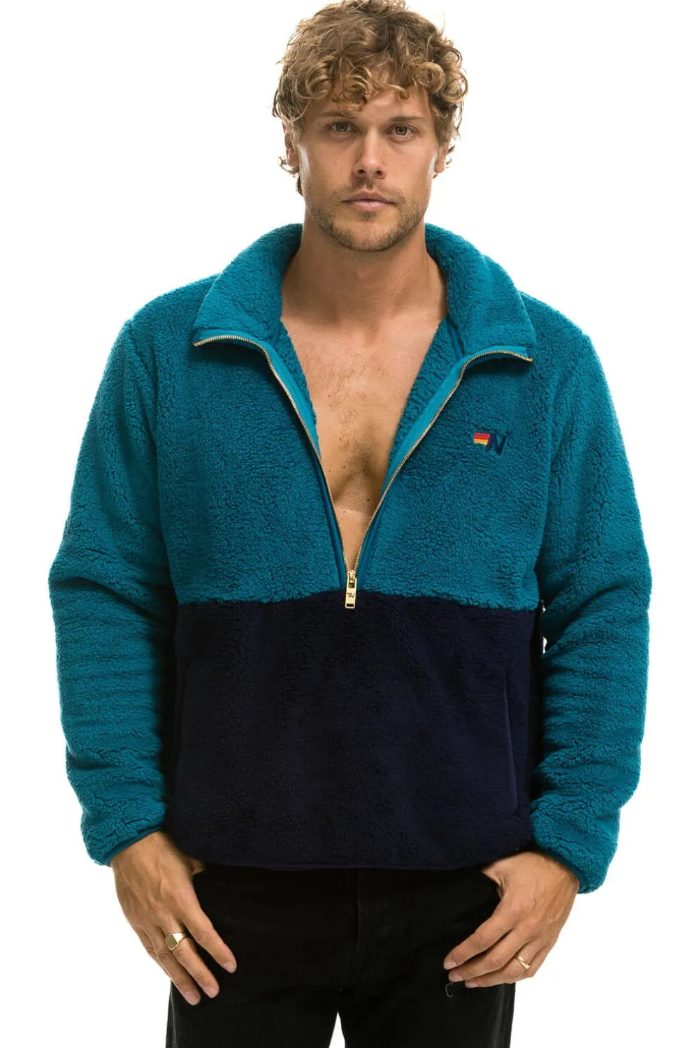 Teddy Jackets | Teddy Jackets | Aviator Nation TEDDY UNISEX HALF ZIP COLOR BLOCK JACKET - CAPRI