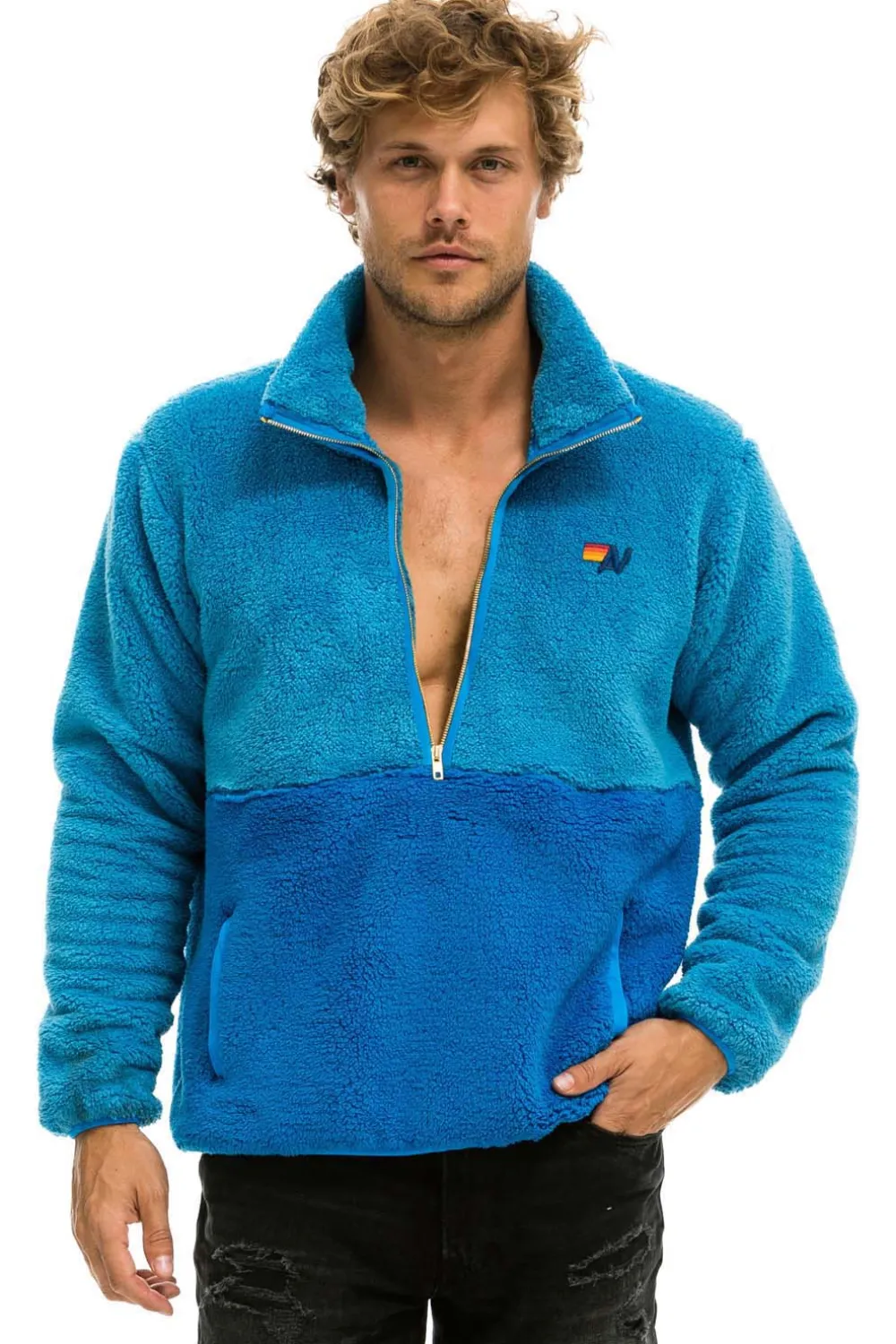 Teddy Jackets | Teddy Jackets | Aviator Nation TEDDY UNISEX HALF ZIP COLOR BLOCK JACKET - OCEAN
