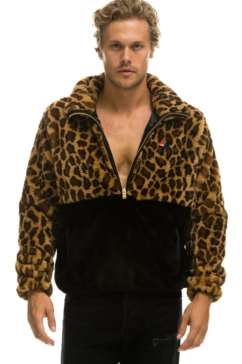 Teddy Jackets | Teddy Jackets | Aviator Nation TEDDY UNISEX HALF ZIP COLOR BLOCK JACKET - CHEETAH