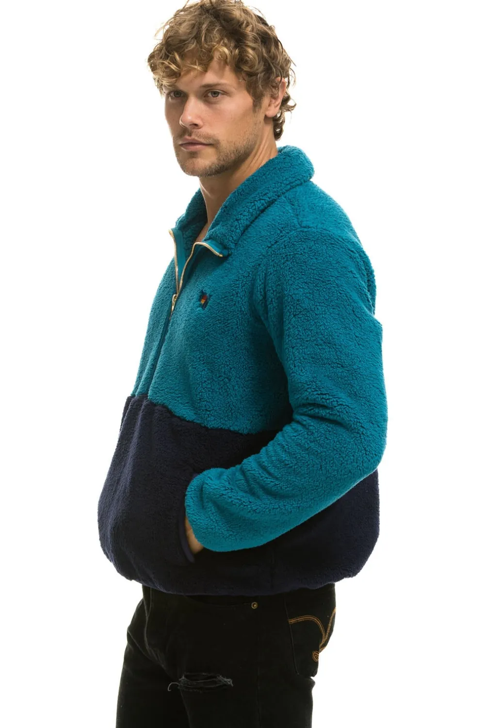 Teddy Jackets | Teddy Jackets | Aviator Nation TEDDY UNISEX HALF ZIP COLOR BLOCK JACKET - CAPRI