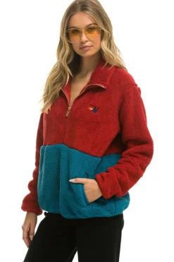 Teddy Jackets | Teddy Jackets | Aviator Nation TEDDY UNISEX HALF ZIP COLOR BLOCK JACKET - CHERRY