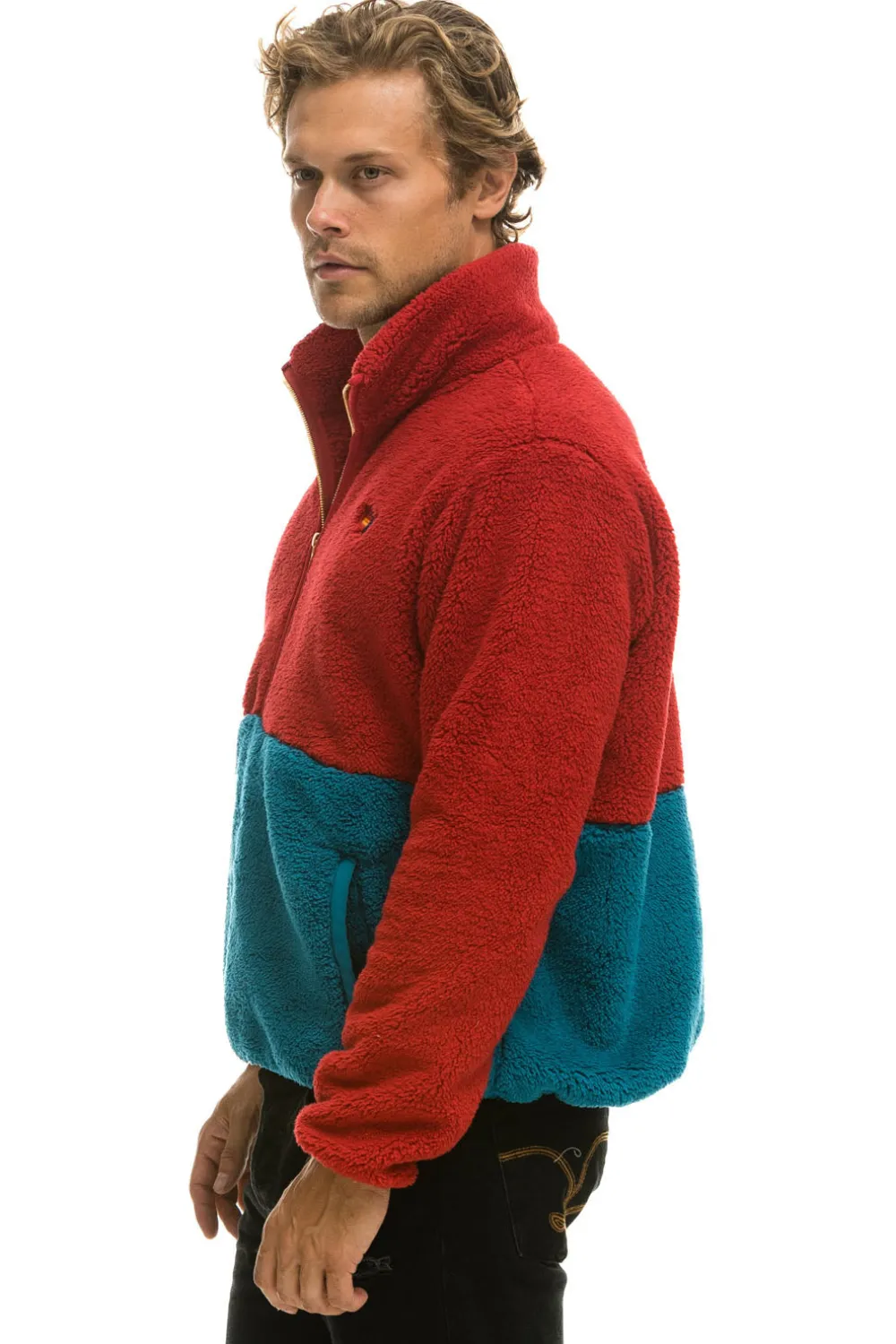 Teddy Jackets | Teddy Jackets | Aviator Nation TEDDY UNISEX HALF ZIP COLOR BLOCK JACKET - CHERRY