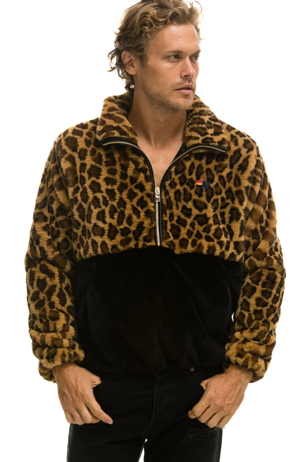 Teddy Jackets | Teddy Jackets | Aviator Nation TEDDY UNISEX HALF ZIP COLOR BLOCK JACKET - CHEETAH