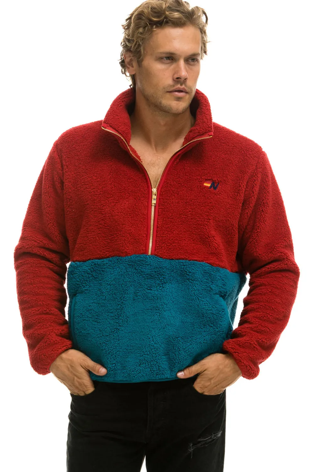 Teddy Jackets | Teddy Jackets | Aviator Nation TEDDY UNISEX HALF ZIP COLOR BLOCK JACKET - CHERRY