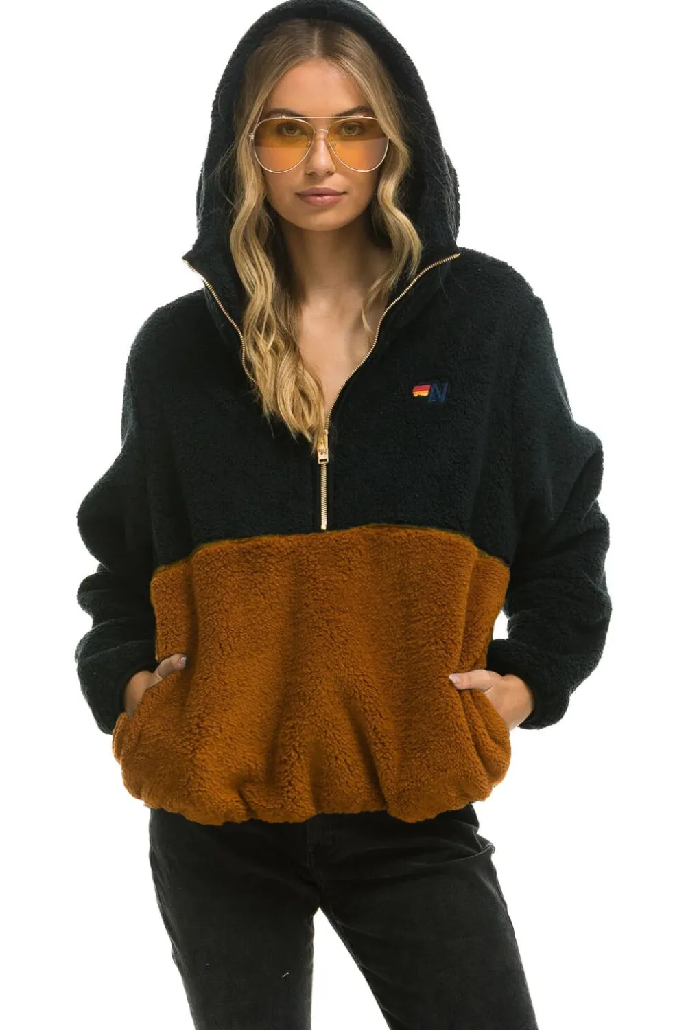 Teddy Jackets | Teddy Jackets | Aviator Nation TEDDY UNISEX HOODED HALF ZIP COLOR BLOCK JACKET - BLACK