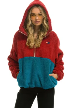 Teddy Jackets | Teddy Jackets | Aviator Nation TEDDY UNISEX HOODED HALF ZIP COLOR BLOCK JACKET - CHERRY