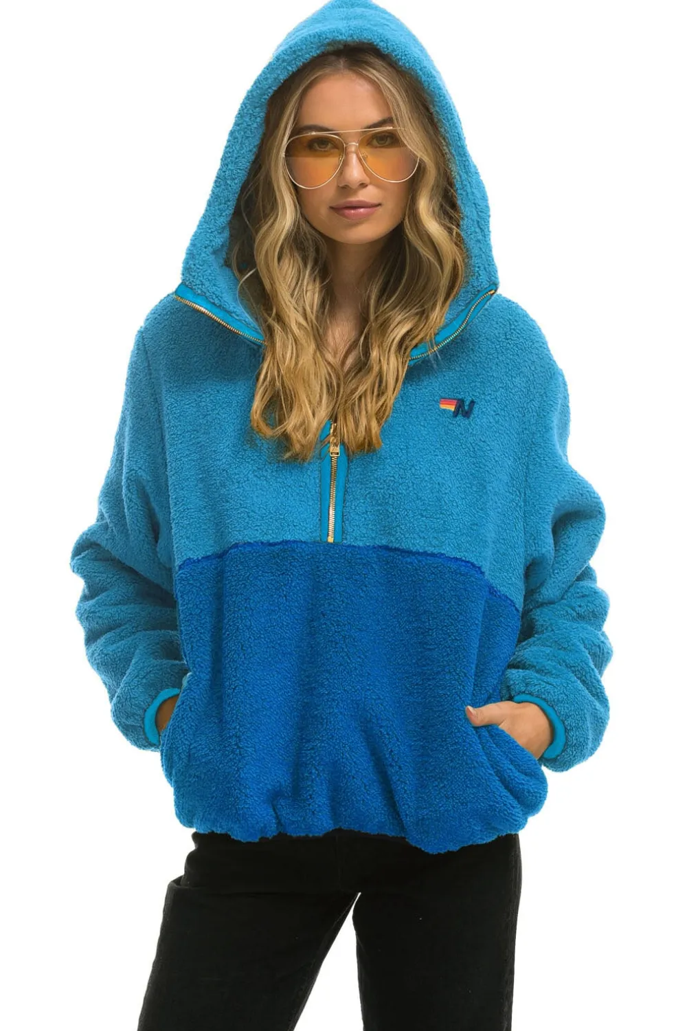 Teddy Jackets | Teddy Jackets | Aviator Nation TEDDY UNISEX HOODED HALF ZIP COLOR BLOCK JACKET - OCEAN