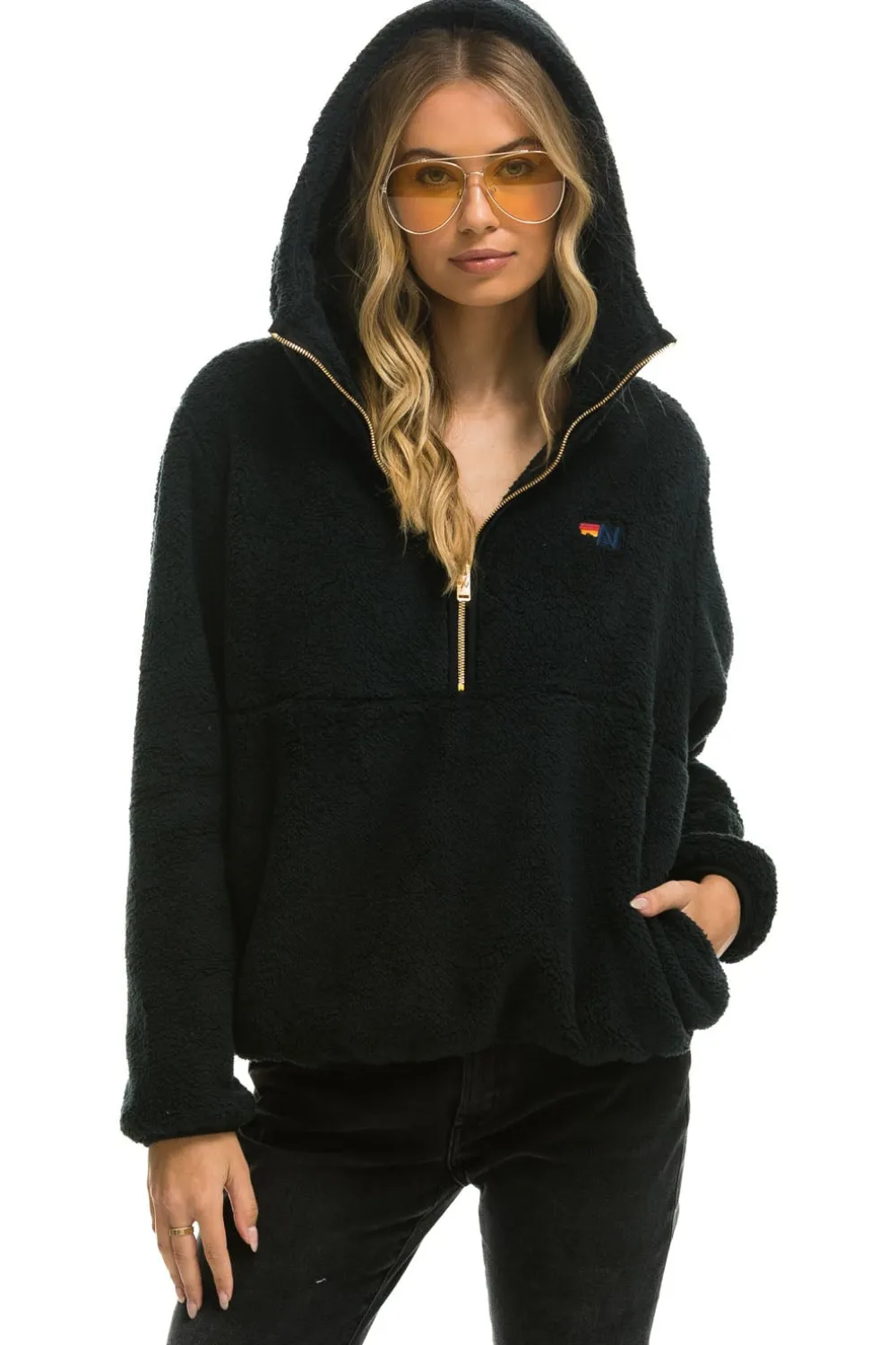 Teddy Jackets | Teddy Jackets | Aviator Nation TEDDY UNISEX HOODED HALF ZIP JACKET - BLACK