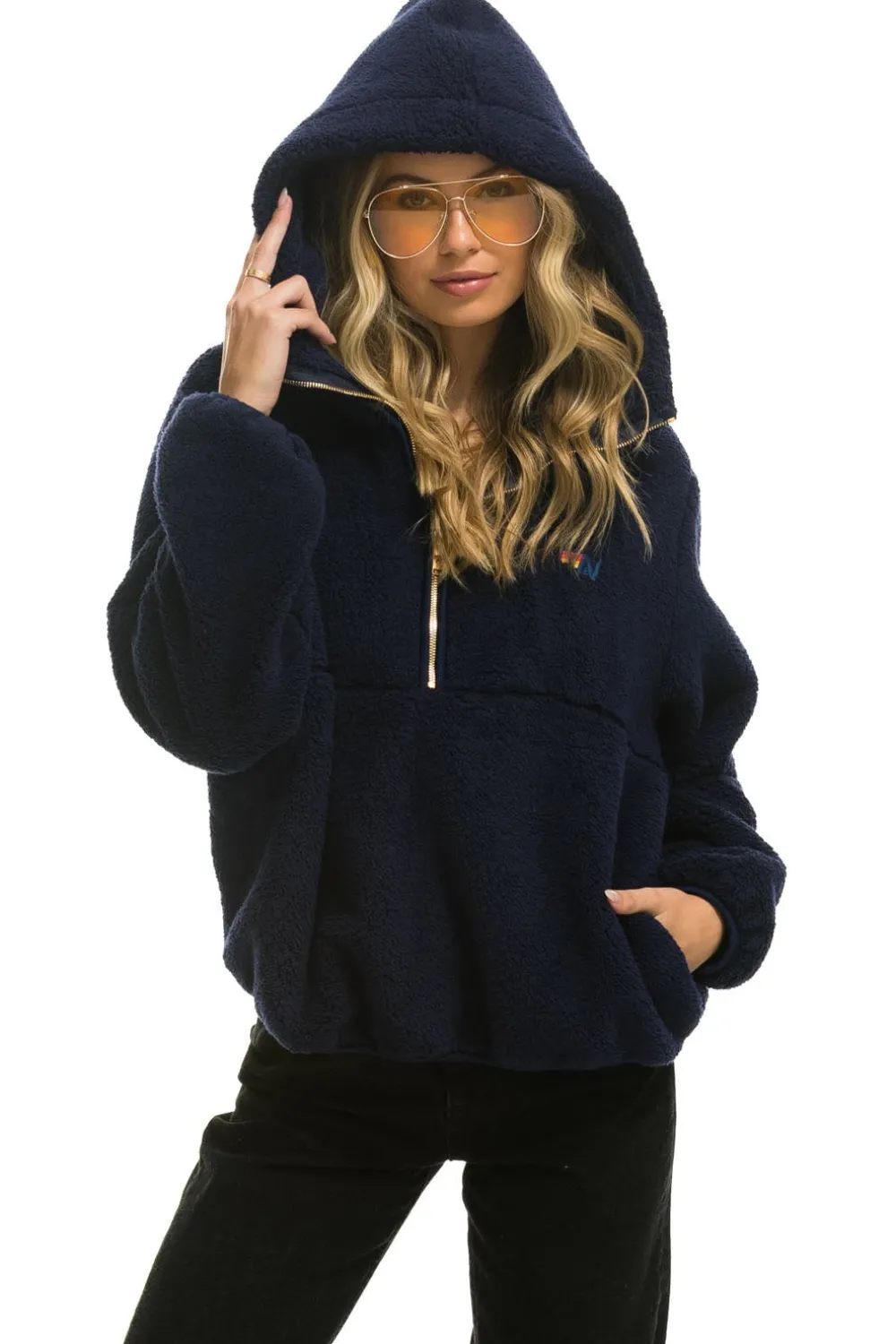 Teddy Jackets | Teddy Jackets | Aviator Nation TEDDY UNISEX HOODED HALF ZIP JACKET - NAVY