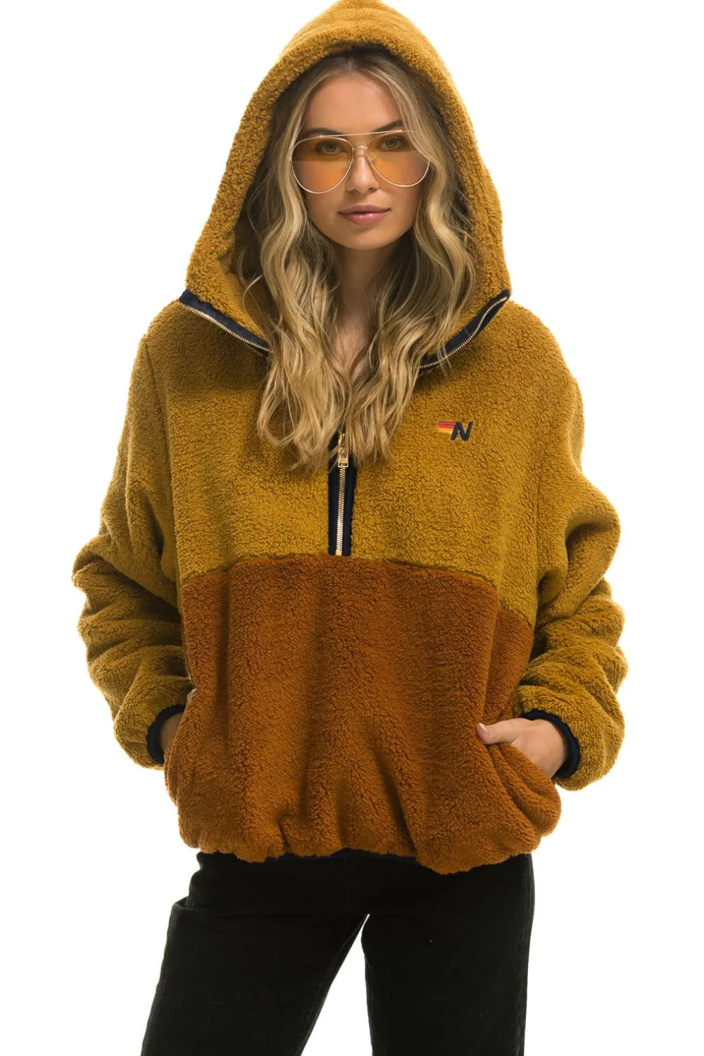 Teddy Jackets | Teddy Jackets | Aviator Nation TEDDY UNISEX HOODED HALF ZIP COLOR BLOCK JACKET - HONEY
