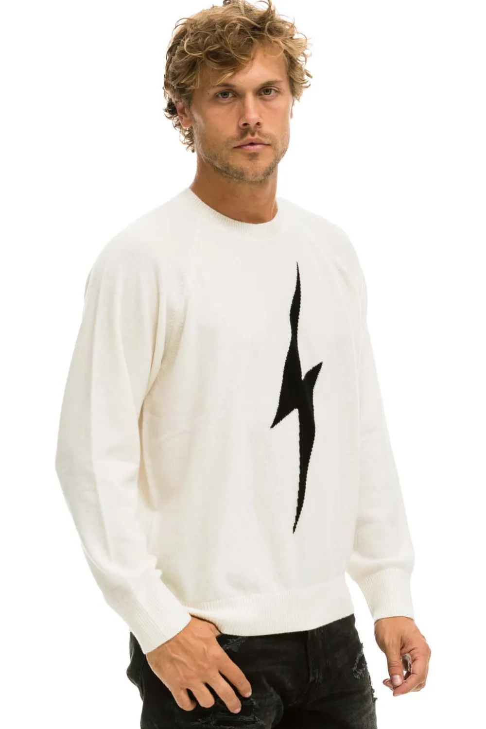 Sweatshirts | Aviator Nation UNISEX BOLT CASHMERE LIGHT SWEATER - VINTAGE WHITE // BLACK BOLT VINTAGEWHITE//BLACKBOLT