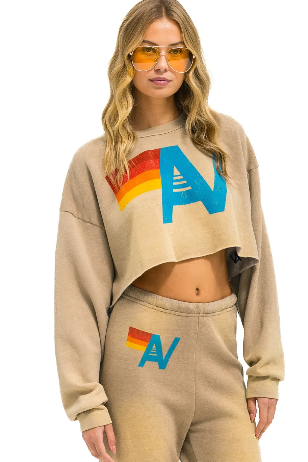 Sweatshirts | Aviator Nation VINTAGE LOGO CROPPED CREW SWEATSHIRT RELAXED - FADED TAN FADEDTAN