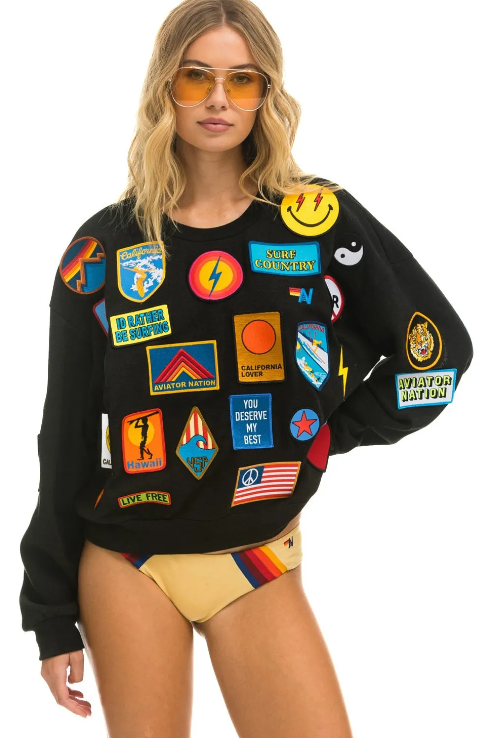 Sweatshirts | Sweatshirts | Aviator Nation VINTAGE PATCH RELAXED CREW SWEATSHIRT - BLACK