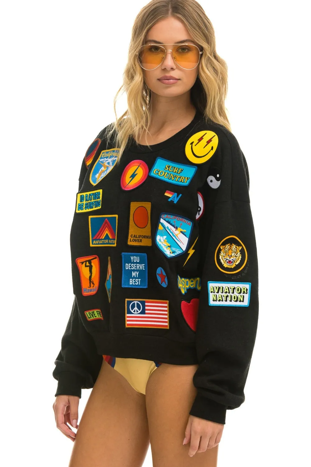 Sweatshirts | Sweatshirts | Aviator Nation VINTAGE PATCH RELAXED CREW SWEATSHIRT - BLACK